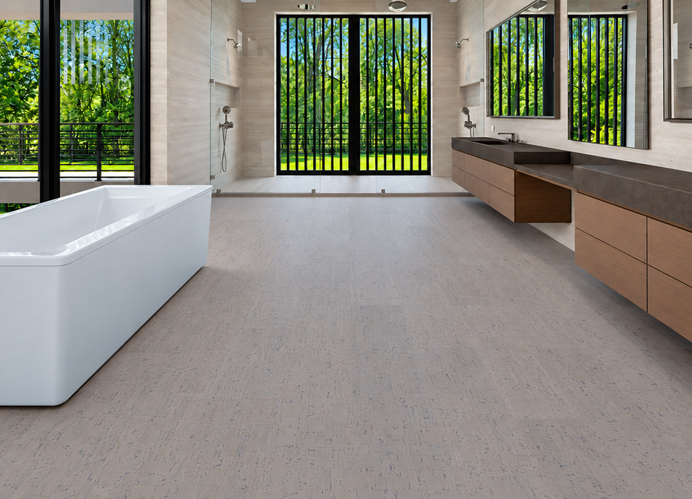 Gray Bamboo - 1/2&Quot; (12Mm) - Cork Floating (Fgb12) Gray Bamboo Warm Gray Floating Cork Flooring Extends Through A Bathroom With Freestanding Tub And Wood Vanity.