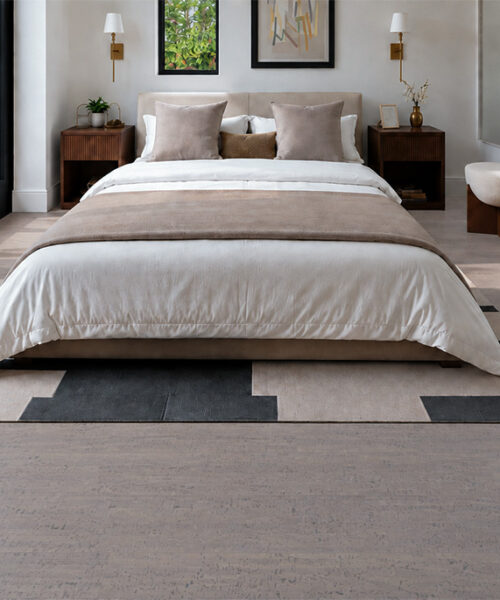 Gray Bamboo - 1/2&Quot; (12Mm) - Cork Floating (Fgb12) Gray Bamboo Warm Gray Cork Floor Planks Complement An Upholstered Bed, Neutral Rug, And Garden Doors.