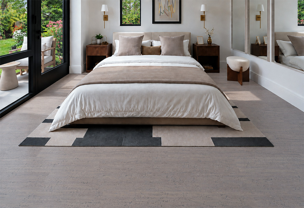 Gray Bamboo - 1/2&Quot; (12Mm) - Cork Floating (Fgb12) Gray Bamboo Warm Gray Cork Floor Planks Complement An Upholstered Bed, Neutral Rug, And Garden Doors.
