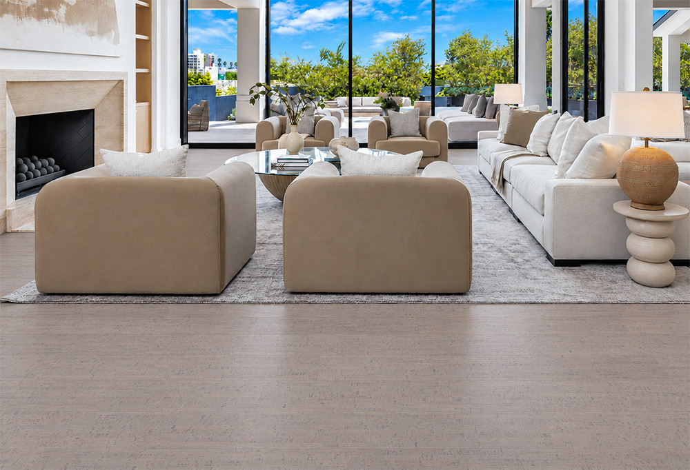 Gray Bamboo - 1/2&Quot; (12Mm) - Cork Floating (Fgb12) Gray Bamboo Taupe Floating Cork Flooring Frames Cream Sofas, A Fireplace, And Floor-To-Ceiling Garden Windows.