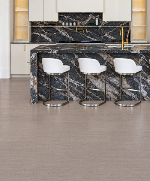 Gray Bamboo - 1/2&Quot; (12Mm) - Cork Floating (Fgb12) Gray Bamboo Warm Gray Cork Flooring Surrounds A Black Marble Waterfall Island In A White Kitchen.