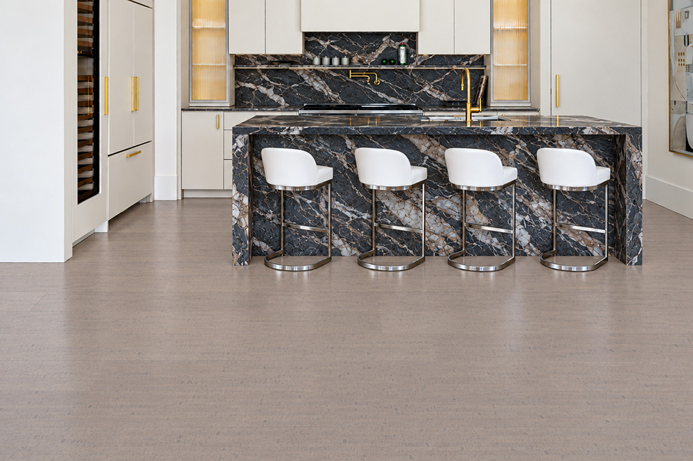Gray Bamboo - 1/2&Quot; (12Mm) - Cork Floating (Fgb12) Gray Bamboo Warm Gray Cork Flooring Surrounds A Black Marble Waterfall Island In A White Kitchen.