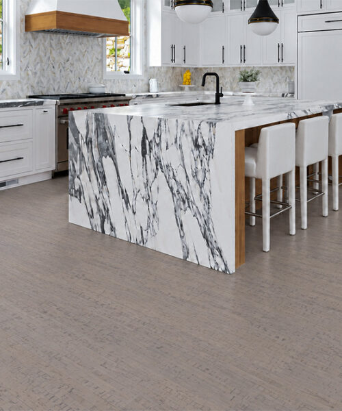 Gray Bamboo - 1/2&Quot; (12Mm) - Cork Floating (Fgb12) 1. Gray Bamboo Taupe Floating Cork Flooring Complements A White Kitchen With Marble Island And Bar Stools.