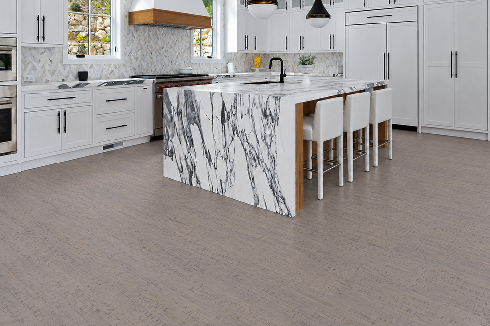 Gray Bamboo - 1/2&Quot; (12Mm) - Cork Floating (Fgb12) 1. Gray Bamboo Taupe Floating Cork Flooring Complements A White Kitchen With Marble Island And Bar Stools.