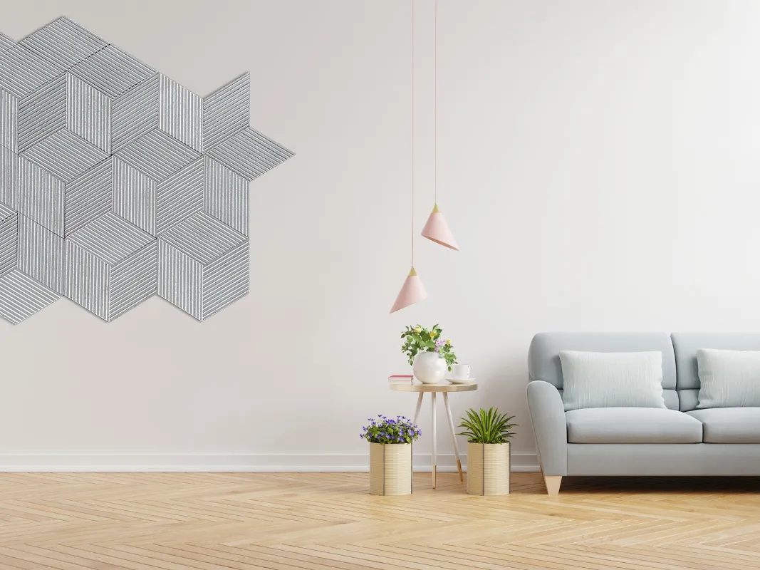 Gray Rigato 3D Acoustic Cork Wall Panels For Geometric Cube Pattern