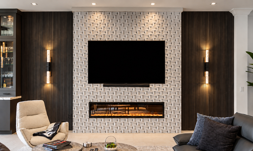 Greece White - 63/64&Quot; (25Mm) - 3D Cork Wall Panels (Wgwh25) Greece White 3D Cork Wall Panels With A Woven Geometric Texture Surrounding A Tv And Linear Fireplace In A Modern Living Room.