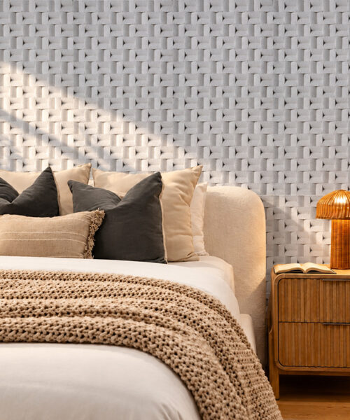 Greece White - 63/64&Quot; (25Mm) - 3D Cork Wall Panels (Wgwh25) Greece White 3D Cork Wall Panels Featuring A Woven Geometric Pattern On A Floor-To-Ceiling Fireplace Accent Wall In A Contemporary Living Room