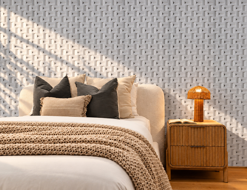 Greece White - 63/64&Quot; (25Mm) - 3D Cork Wall Panels (Wgwh25) Greece White 3D Cork Wall Panels Featuring A Woven Geometric Pattern On A Floor-To-Ceiling Fireplace Accent Wall In A Contemporary Living Room