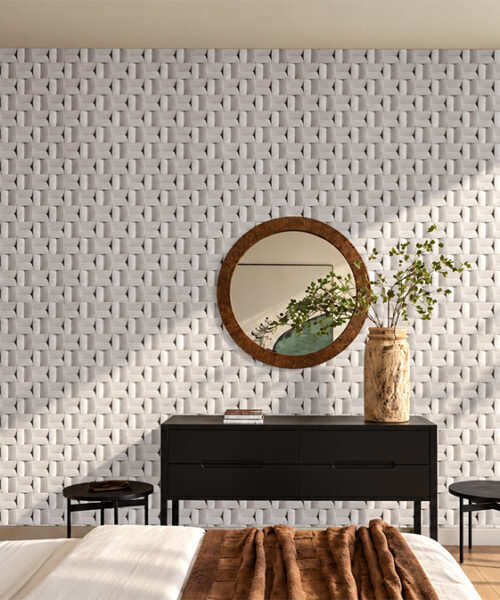 Greece White - 63/64&Quot; (25Mm) - 3D Cork Wall Panels (Wgwh25) Greece White 3D Cork Wall Panels Creating A White Woven-Texture Accent Wall In A Scandinavian Bedroom With A Round Mirror And Natural Daylight.