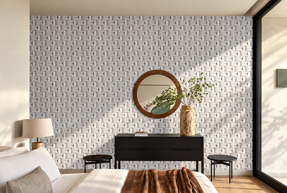 Greece White - 63/64&Quot; (25Mm) - 3D Cork Wall Panels (Wgwh25) Greece White 3D Cork Wall Panels Creating A White Woven-Texture Accent Wall In A Scandinavian Bedroom With A Round Mirror And Natural Daylight.