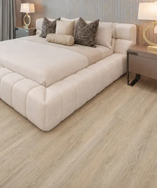Hamilton - 7/16&Quot; (11Mm) - Swiss Design Cork Floating (Fham11) Hamilton Light Beige Cork Floating Flooring In A Luxury Bedroom With A Cream Upholstered Bed