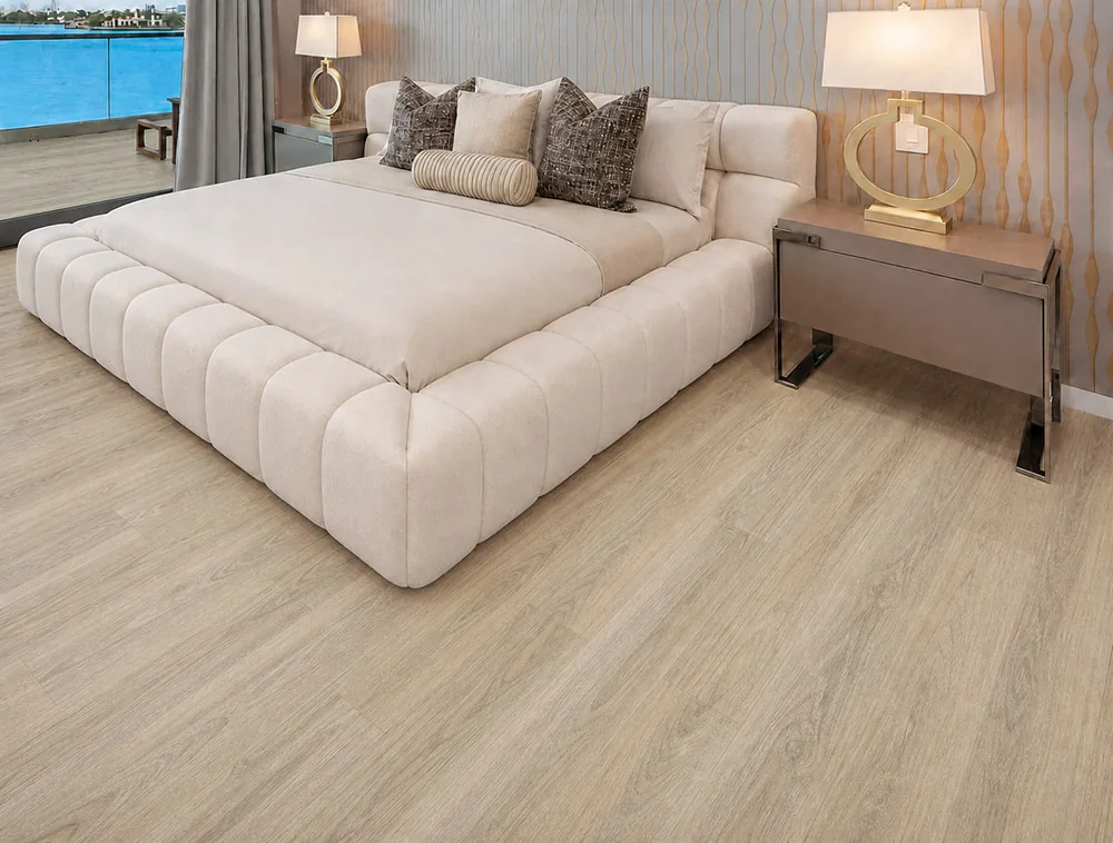 Hamilton - 7/16&Quot; (11Mm) - Swiss Design Cork Floating (Fham11) Hamilton Light Beige Cork Floating Flooring In A Luxury Bedroom With A Cream Upholstered Bed