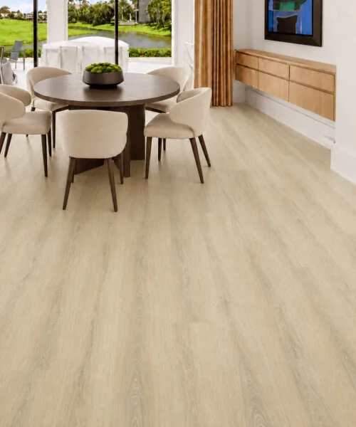 Hamilton - 7/16&Quot; (11Mm) - Swiss Design Cork Floating (Fham11) Hamilton Light Beige Wood-Look Cork Flooring In An Elegant Dining Room Overlooking A Golf Course