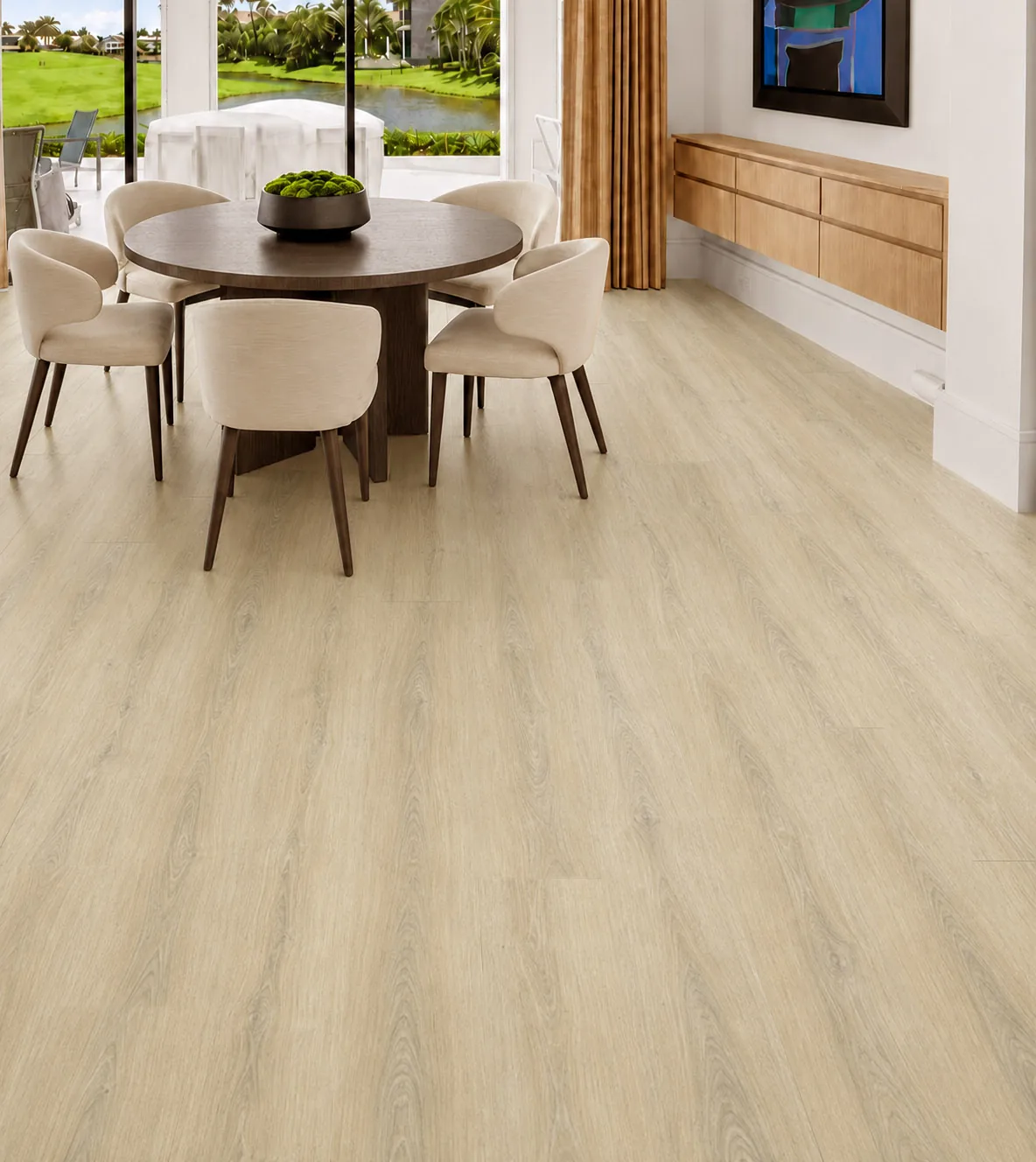 Hamilton - 7/16&Quot; (11Mm) - Swiss Design Cork Floating (Fham11) Hamilton Light Beige Wood-Look Cork Flooring In An Elegant Dining Room Overlooking A Golf Course