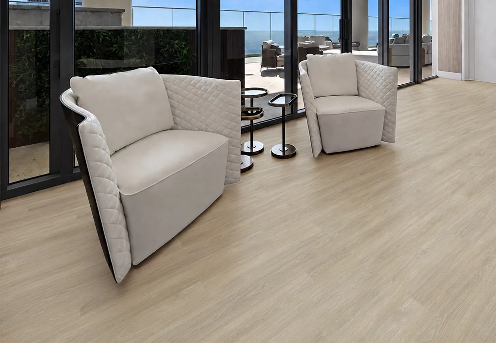 Hamilton - 7/16&Quot; (11Mm) - Swiss Design Cork Floating (Fham11) Hamilton Light Beige Wood-Look Cork Flooring In A Contemporary Living Room With White Lounge Chairs