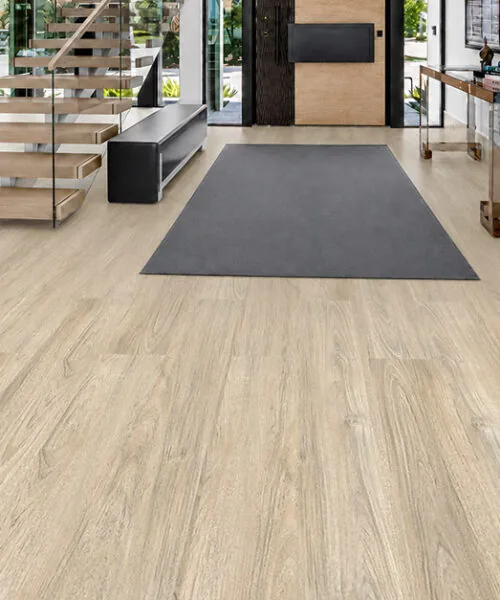 Hamilton - 7/16&Quot; (11Mm) - Swiss Design Cork Floating (Fham11) Hamilton Light Gray Cork Floating Flooring With An Aged Wood-Grain Pattern In A Modern Entryway