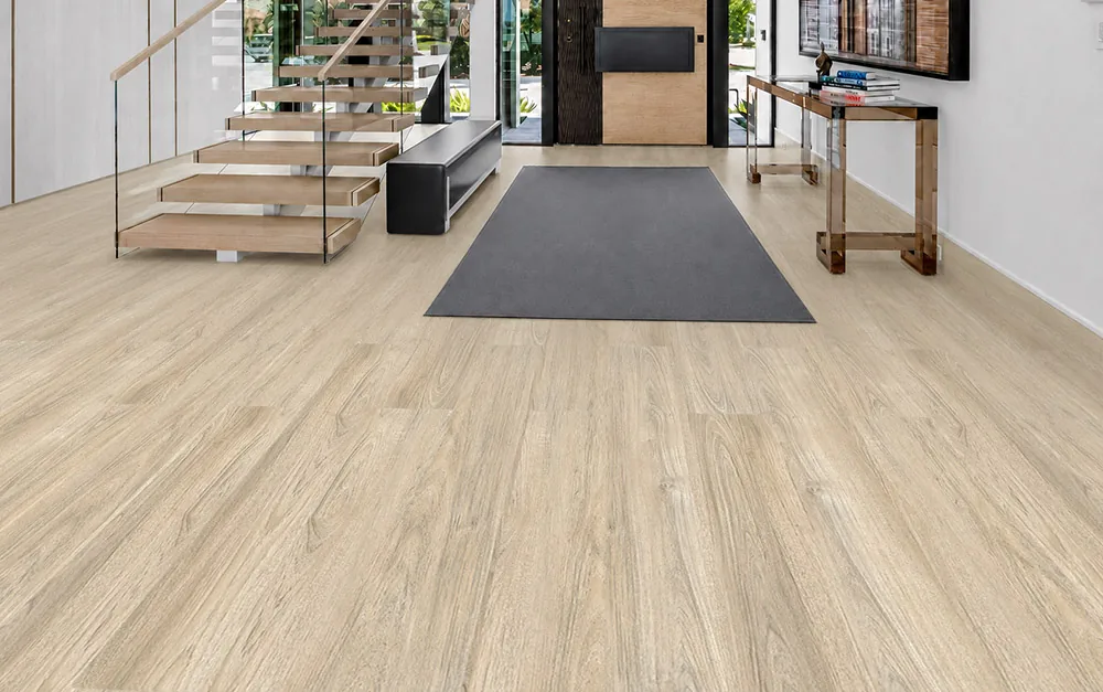 Hamilton - 7/16&Quot; (11Mm) - Swiss Design Cork Floating (Fham11) Hamilton Light Gray Cork Floating Flooring With An Aged Wood-Grain Pattern In A Modern Entryway