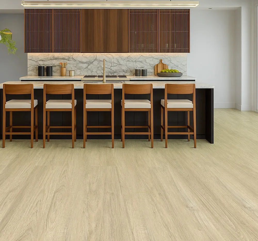 Hamilton - 7/16&Quot; (11Mm) - Swiss Design Cork Floating (Fham11) Elegant Kitchen With Hamilton Swiss Cork Floating Flooring In A Light Oak Finish, Complemented By A Marble Island, Wood Cabinetry, And Matching Bar Stools In A Bright Open-Concept Layout