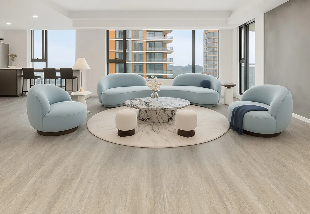 Hamilton - 7/16&Quot; (11Mm) - Swiss Design Cork Floating (Fham11) Modern Living Room Featuring Hamilton Swiss Cork Floating Flooring With Light Natural Wood Tones, Paired With Soft Blue Contemporary Furniture And Large Windows Showcasing A Bright Open Space