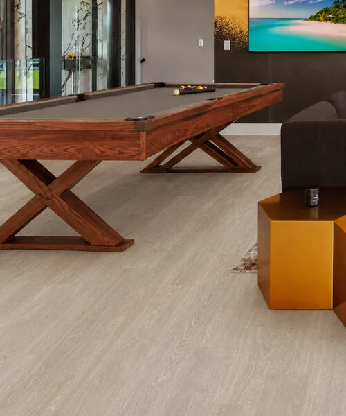 Hamilton - 7/16&Quot; (11Mm) - Swiss Design Cork Floating (Fham11) Hamilton Warm Gray Cork Floating Floor In A Modern Game Room With A Wooden Pool Table