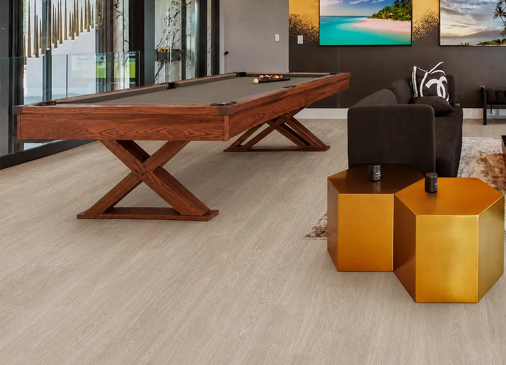 Hamilton - 7/16&Quot; (11Mm) - Swiss Design Cork Floating (Fham11) Hamilton Warm Gray Cork Floating Floor In A Modern Game Room With A Wooden Pool Table