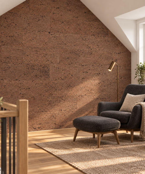 Hazel glue-down cork tiles in a attic reading loft — wall application visualization