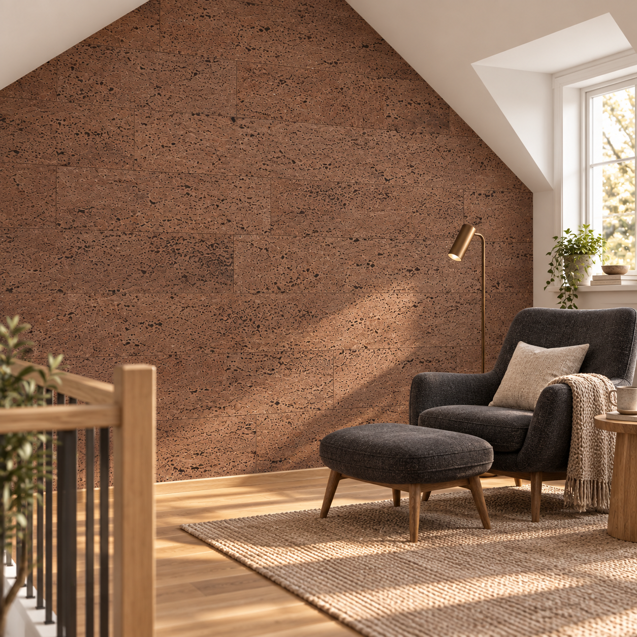 Hazel - 1/4&Quot; (6Mm) - Swiss Cork Glue Down Tile (Ghaz6) Hazel Glue-Down Cork Tiles In A Attic Reading Loft — Wall Application Visualization