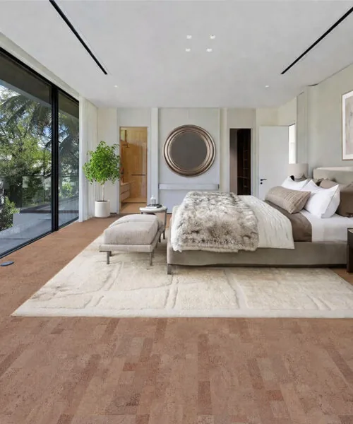 Luxury Interior With Hazel Cork Flooring And Wide Plank Natural Look Bedroom