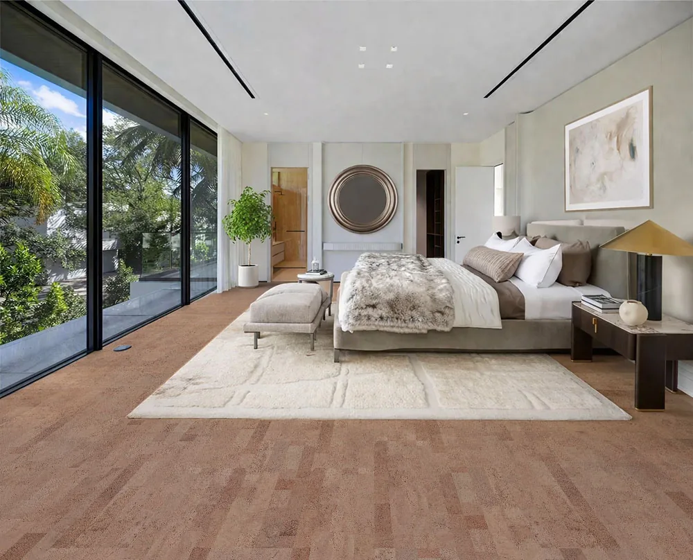 Luxury Interior With Hazel Cork Flooring And Wide Plank Natural Look Bedroom