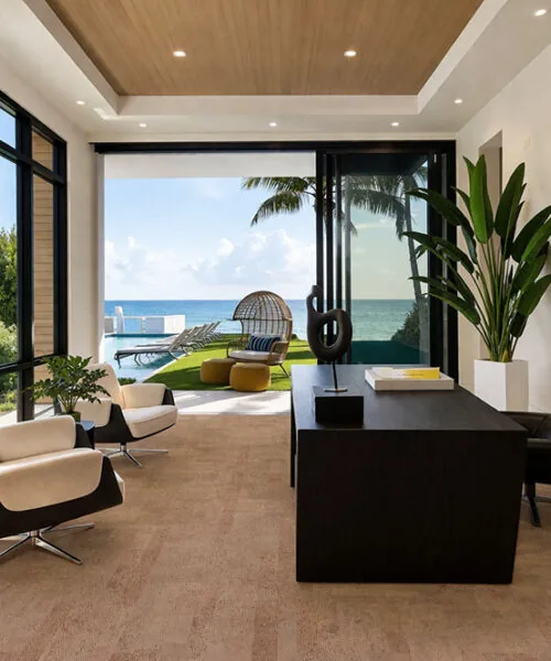 Open concept home featuring hazel cork flooring and contemporary interior design office