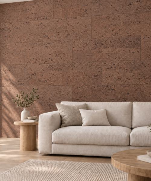 Hazel glue-down cork tiles on a living room accent wall — visualization
