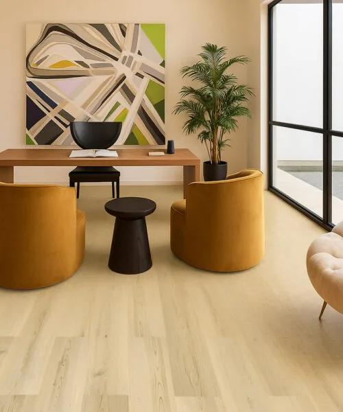 Pinewood 7/16_ (11Mm) Swiss Design Cork Floating (Fpinwo11) Stylish Home Office With Nordic Dawn Pinewood Swiss Design Cork Flooring Showcasing A Soft Light Pine Tone And Warm Minimalist Design.