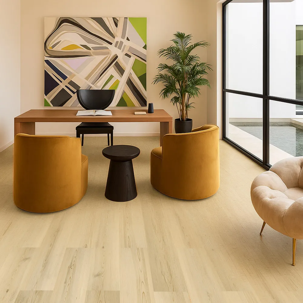 Pinewood 7/16_ (11Mm) Swiss Design Cork Floating (Fpinwo11) Stylish Home Office With Nordic Dawn Pinewood Swiss Design Cork Flooring Showcasing A Soft Light Pine Tone And Warm Minimalist Design.