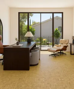 Parcork - 7/16&Quot; (11Mm) - Swiss Real Cork Floating (Fpar11) Stylish Home Office With Natural Swiss Parcork Flooring, Large Window, And Mid-Century Furniture.