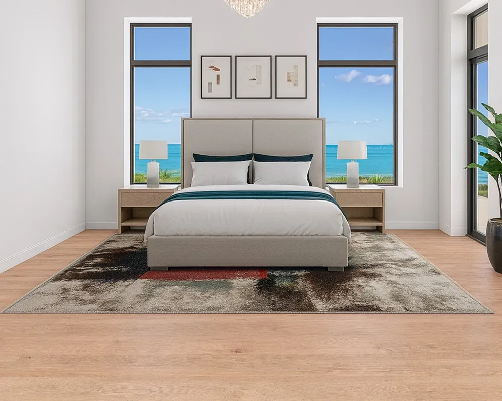 Honey Oak - 3/8&Quot; (9.5Mm) - Swiss Real Linoleum Hydrowood Core Waterproof Floating Flooring (Nhono9.5) Coastal Bedroom Styled With Honey Oak Swiss Real Linoleum Floating Flooring And Bright Natural Lighting.