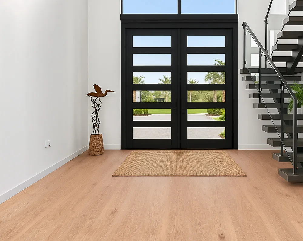 Honey Oak - 3/8&Quot; (9.5Mm) - Swiss Real Linoleum Hydrowood Core Waterproof Floating Flooring (Nhono9.5) Open Entryway With Honey Oak Swiss Real Linoleum Floating Flooring And Large Black Double Doors.