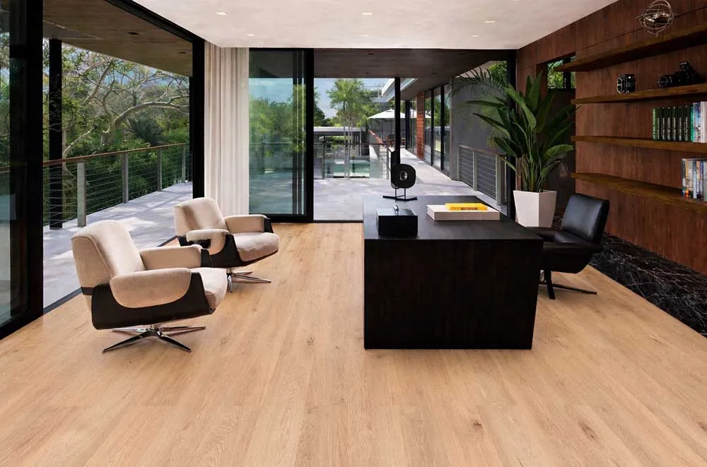 Bright Home Office With Honey Oak Swiss Real Linoleum Floating Flooring Showcasing A Smooth, Natural Oak Finish.