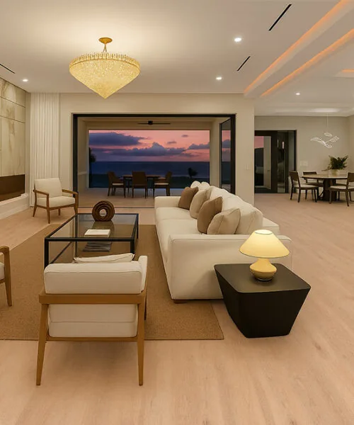 Luxury Living Room With Honey Oak Forna Natural Composite Flooring And Warm Ambient Lighting.