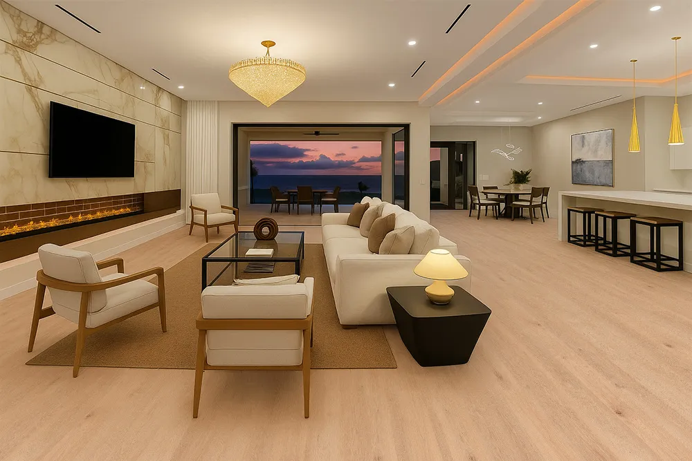 Honey Oak - 3/8&Quot; (9.5Mm) - Swiss Real Linoleum Hydrowood Core Waterproof Floating Flooring (Nhono9.5) Luxury Living Room With Honey Oak Swiss Real Linoleum Floating Flooring And Warm Ambient Lighting.