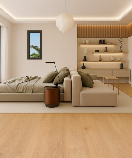 Modern master bedroom featuring Honey Oak Swiss Real Linoleum floating flooring and soft neutral décor.