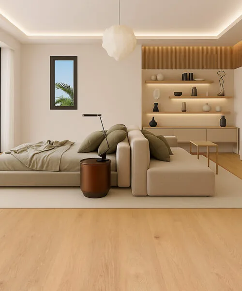 Modern master bedroom featuring Honey Oak Forna Natural Composite Flooring and soft neutral décor.