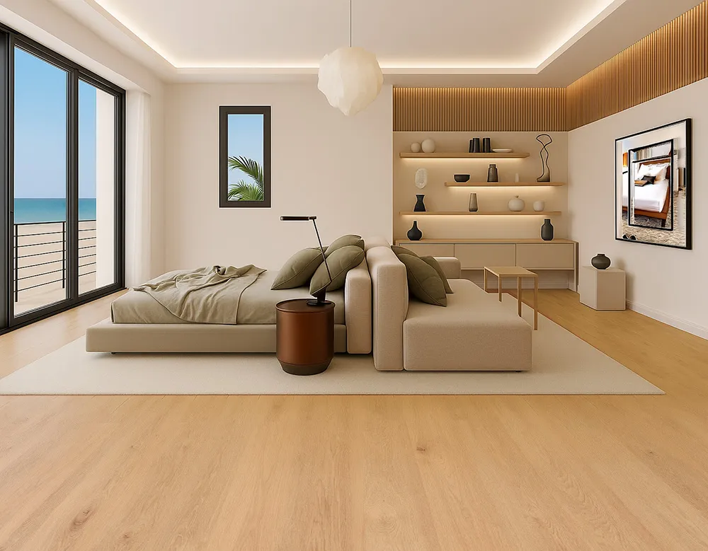 Honey Oak - 3/8&Quot; (9.5Mm) - Swiss Real Linoleum Hydrowood Core Waterproof Floating Flooring (Nhono9.5) Modern Master Bedroom Featuring Honey Oak Swiss Real Linoleum Floating Flooring And Soft Neutral Décor.