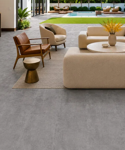 Industrial Grey - 3/8&Quot; (9.5Mm) - Forna Natural Composite Flooring With Waterproof Hydrowood Core (Nindg9.5) Modern Gray Natural Composite Floor Extending Through An Open Living And Dining Area