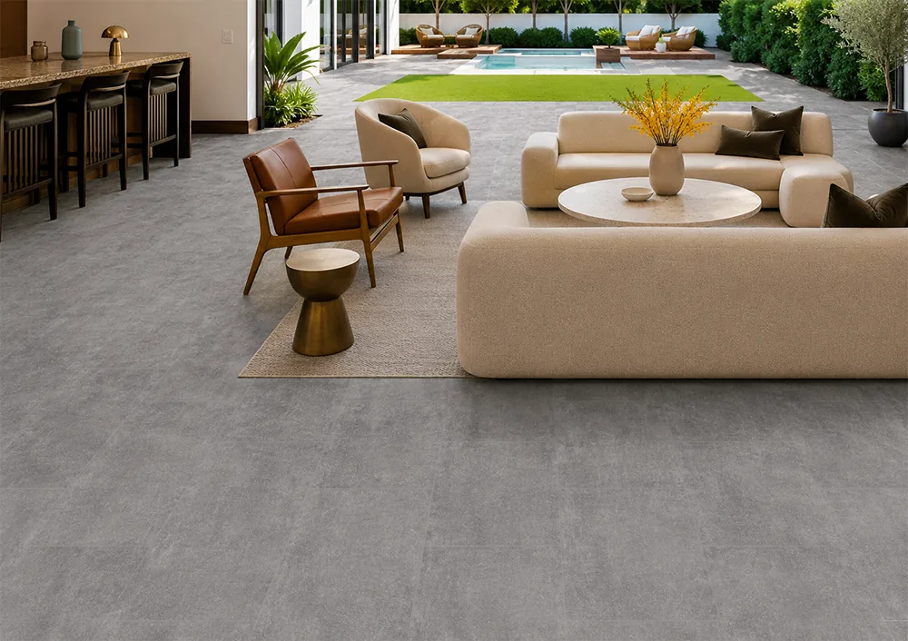 Industrial Grey - 3/8&Quot; (9.5Mm) - Forna Natural Composite Flooring With Waterproof Hydrowood Core (Nindg9.5) Modern Gray Natural Composite Floor Extending Through An Open Living And Dining Area