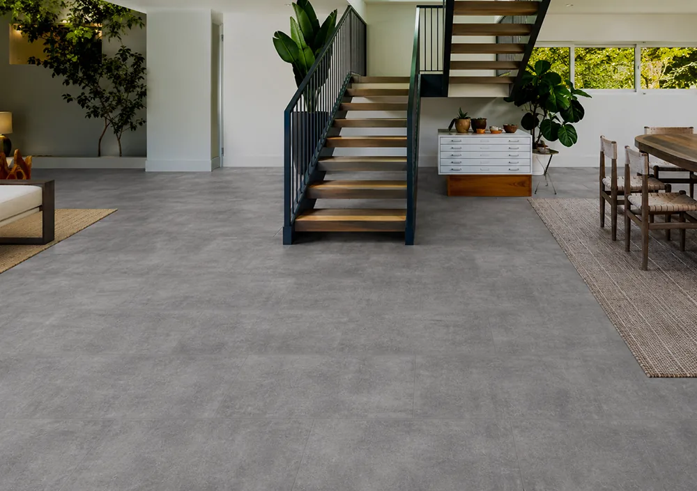 Industrial Grey - 3/8&Quot; (9.5Mm) - Forna Natural Composite Flooring With Waterproof Hydrowood Core (Nindg9.5) Gray Forna Natural Composite Flooring With Large Format Plank Design In A Modern Lounge
