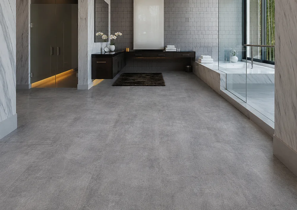 Industrial Grey - 3/8&Quot; (9.5Mm) - Forna Natural Composite Flooring With Waterproof Hydrowood Core (Nindg9.5) Cool Gray Floating Natural Composite Floor With Subtle Concrete Texture In A Luxury Bathroom