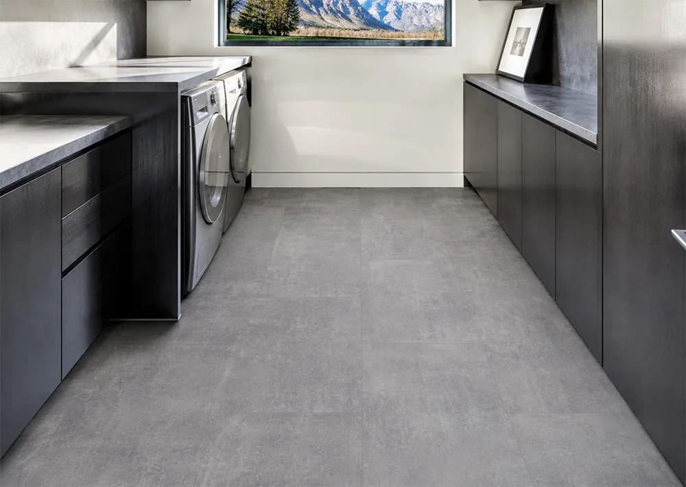 Industrial Grey - 3/8&Quot; (9.5Mm) - Forna Natural Composite Flooring With Waterproof Hydrowood Core (Nindg9.5) Gray Concrete Look Floating Flooring Between Contemporary Laundry Cabinets And Appliances