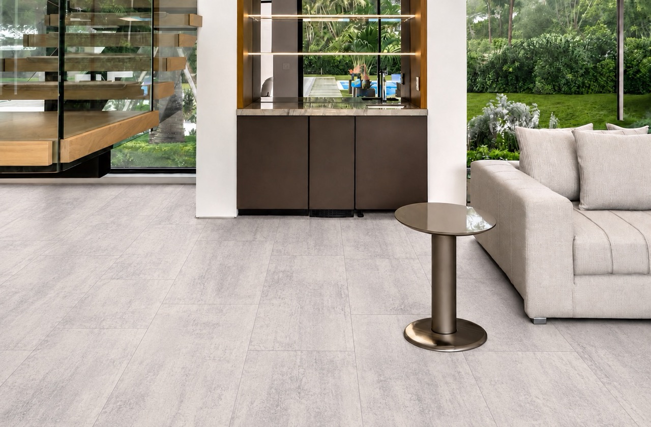 Ivory Concrete - 3/8&Quot; (9.5Mm) - Forna Natural Composite Flooring With Waterproof Hydrowood Core (Nicon9.5) Ivory Concrete Natural Composite Click-Lock Flooring With Square-Edge Planks In A Bright Contemporary Living Room.