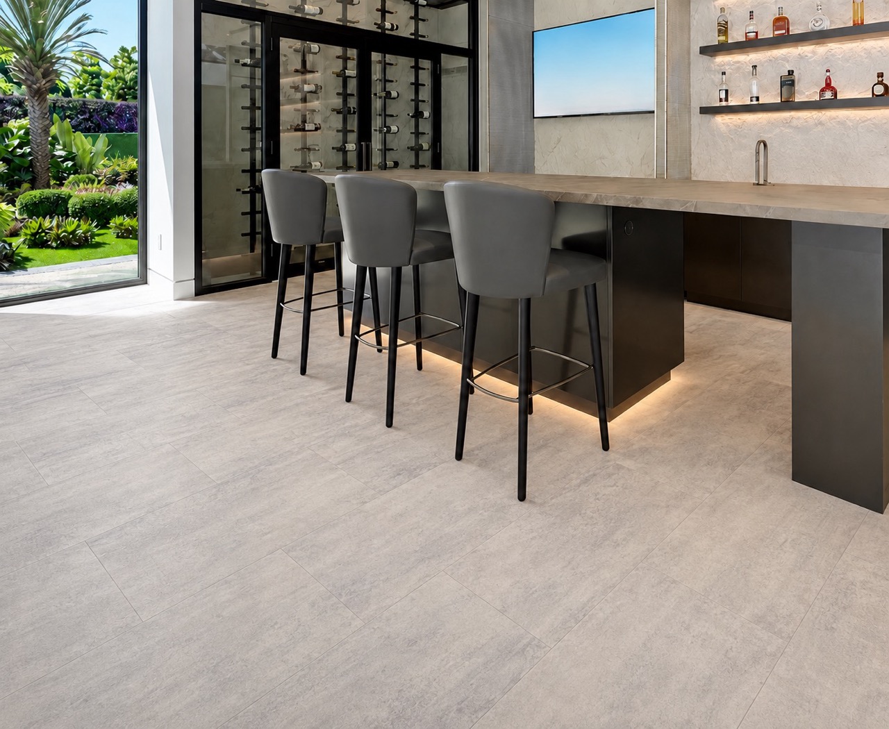 Ivory Concrete - 3/8&Quot; (9.5Mm) - Forna Natural Composite Flooring With Waterproof Hydrowood Core (Nicon9.5) Ivory Concrete Waterproof Natural Composite Flooring With Subtle Tonal Variation In A Contemporary Home Bar And Wine Room.