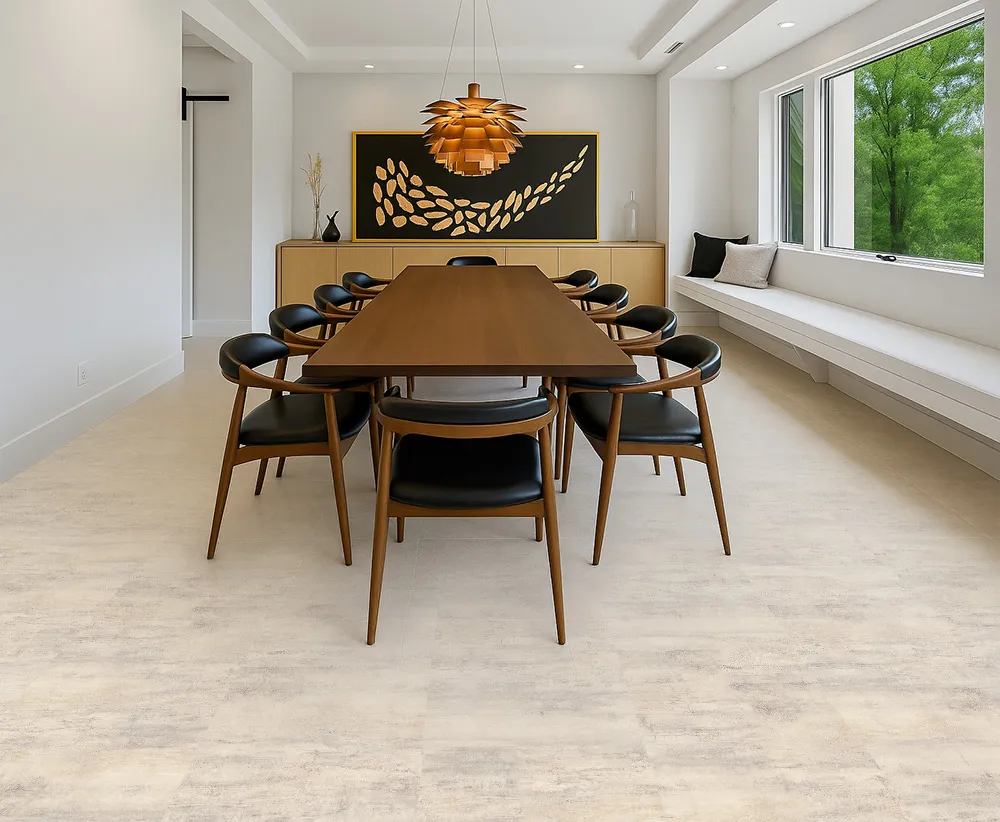Ivory Concrete Swiss Linodesign Floating Flooring In A Contemporary Dining Room, Featuring A Light Concrete Finish That Is Durable And Waterproof For Basement Use.